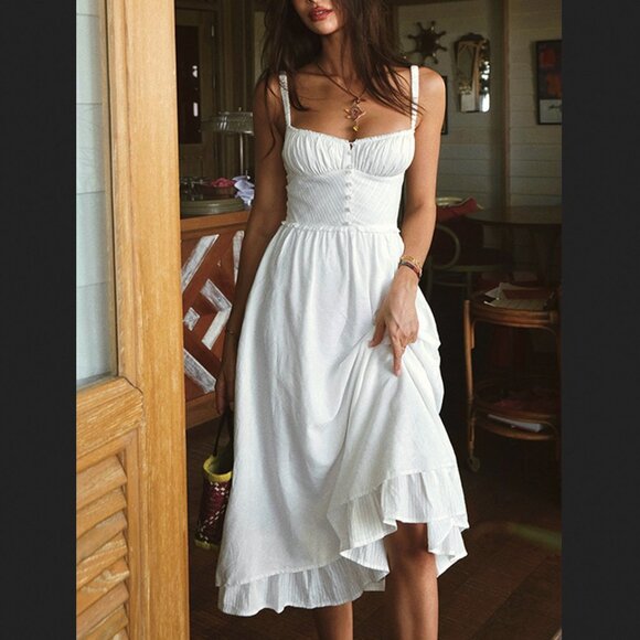 Commense Dresses & Skirts - Commense Medium White Ruffle Hem Cami Straps Midi Dress Summer NEW NWT